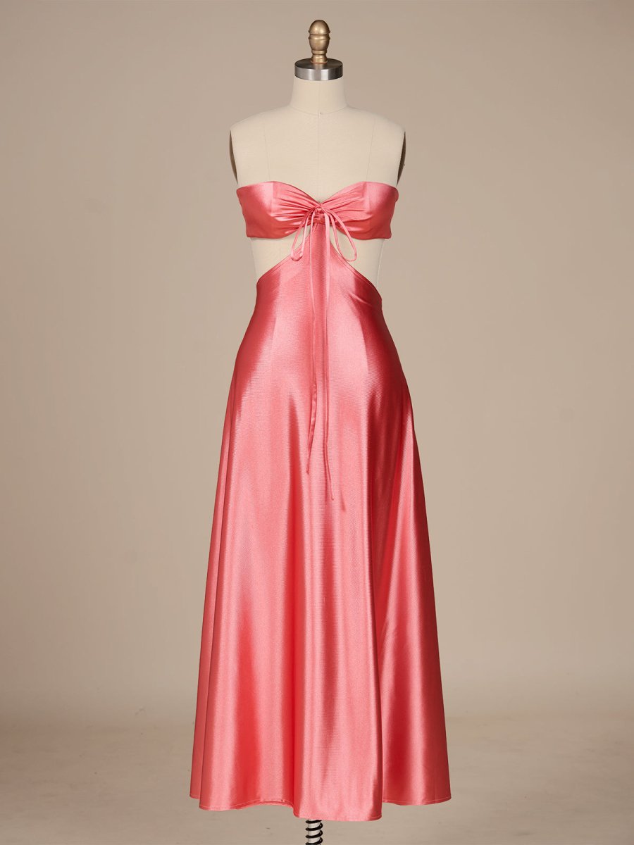 Nadine | Coral Strapless Back Tie Satin A - line Prom Dress - KissProm