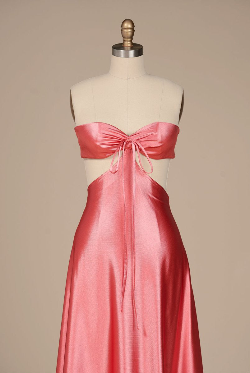 Nadine | Coral Strapless Back Tie Satin A - line Prom Dress - KissProm