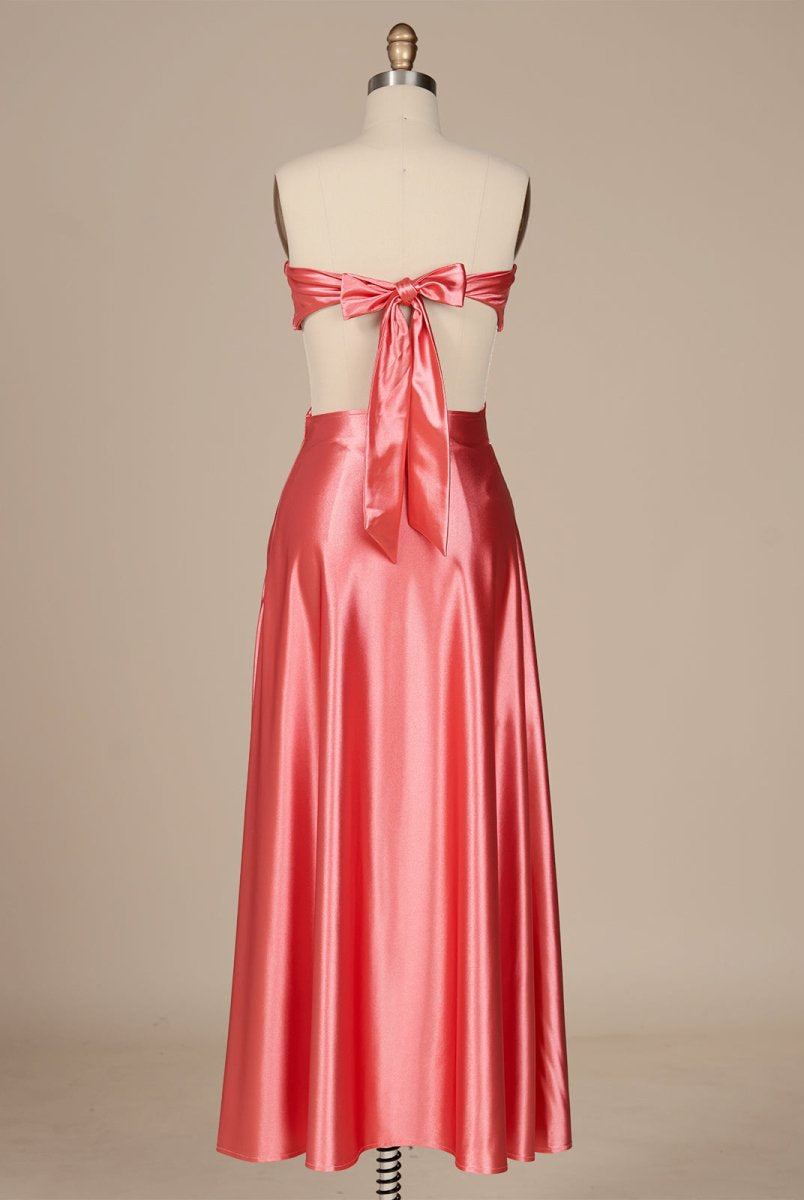 Nadine | Coral Strapless Back Tie Satin A - line Prom Dress - KissProm