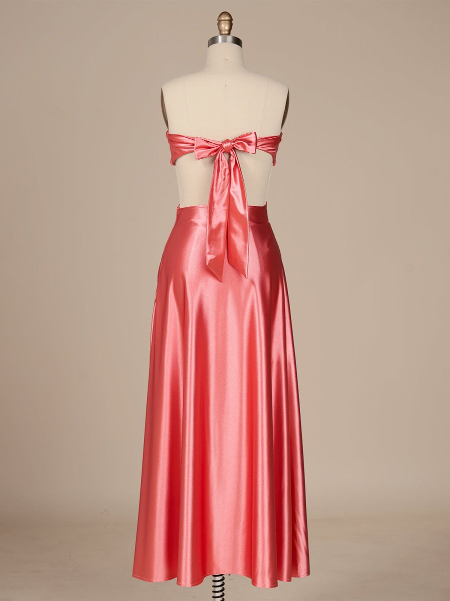 Nadine | Coral Strapless Back Tie Satin A - line Prom Dress - KissProm