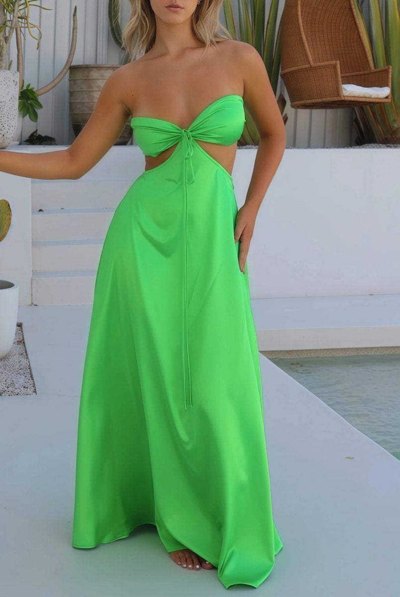 Nadine | Green Strapless Back Tie Satin A - line Prom Dress - KissProm