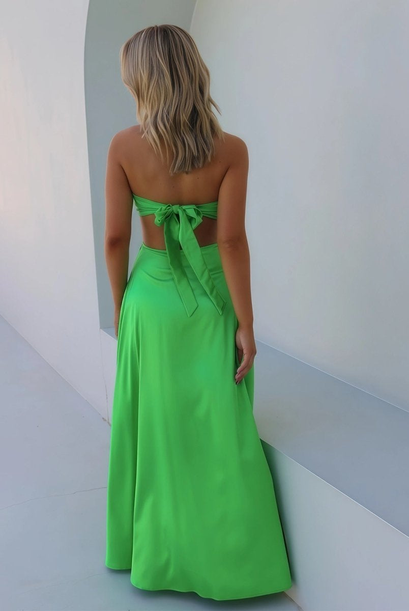 Nadine | Green Strapless Back Tie Satin A - line Prom Dress - KissProm