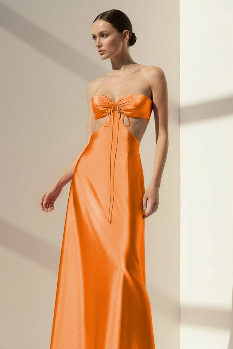 Nadine | Orange Strapless Back Tie Satin A - line Prom Dress - KissProm