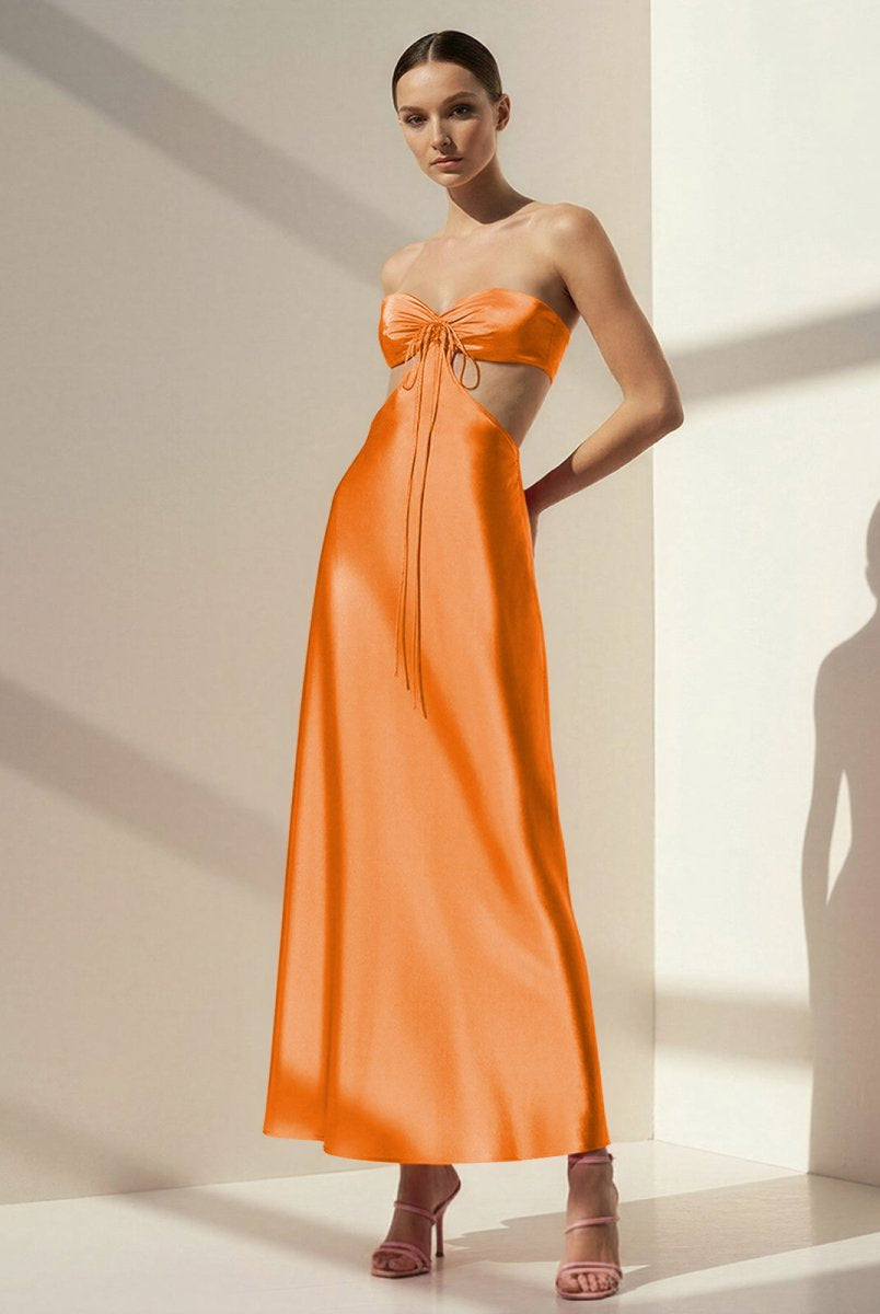 Nadine | Orange Strapless Back Tie Satin A - line Prom Dress - KissProm