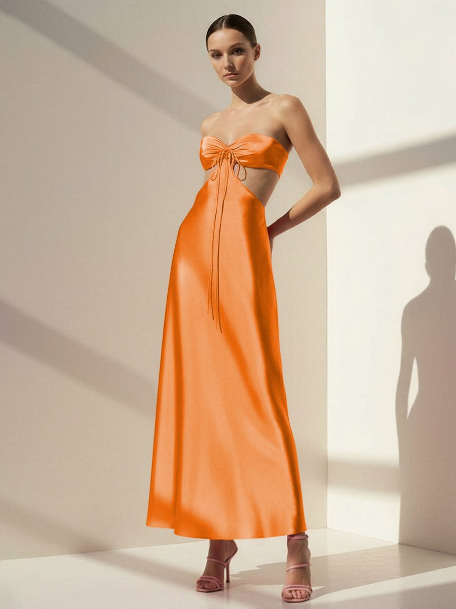 Nadine | Orange Strapless Back Tie Satin A - line Prom Dress - KissProm