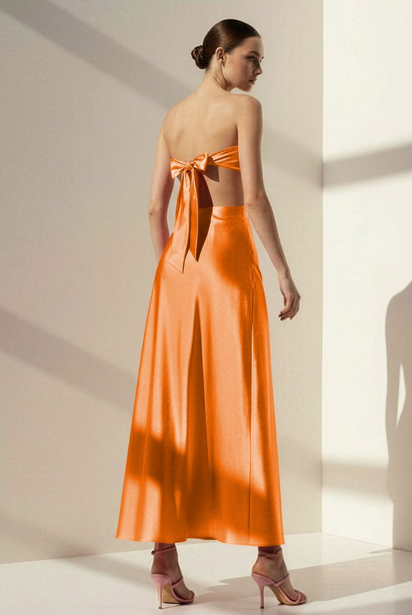 Nadine | Orange Strapless Back Tie Satin A - line Prom Dress - KissProm