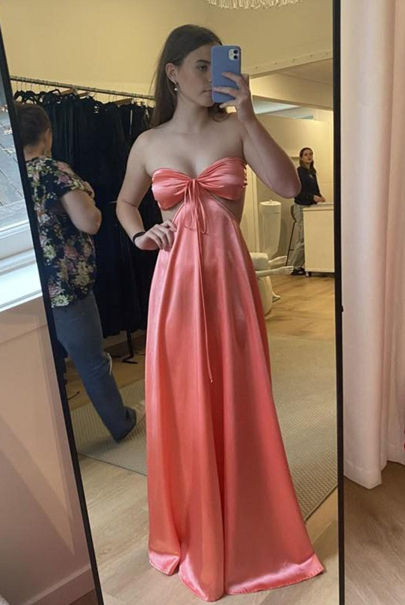 Nadine | Coral Strapless Back Tie Satin A - line Prom Dress - KissProm