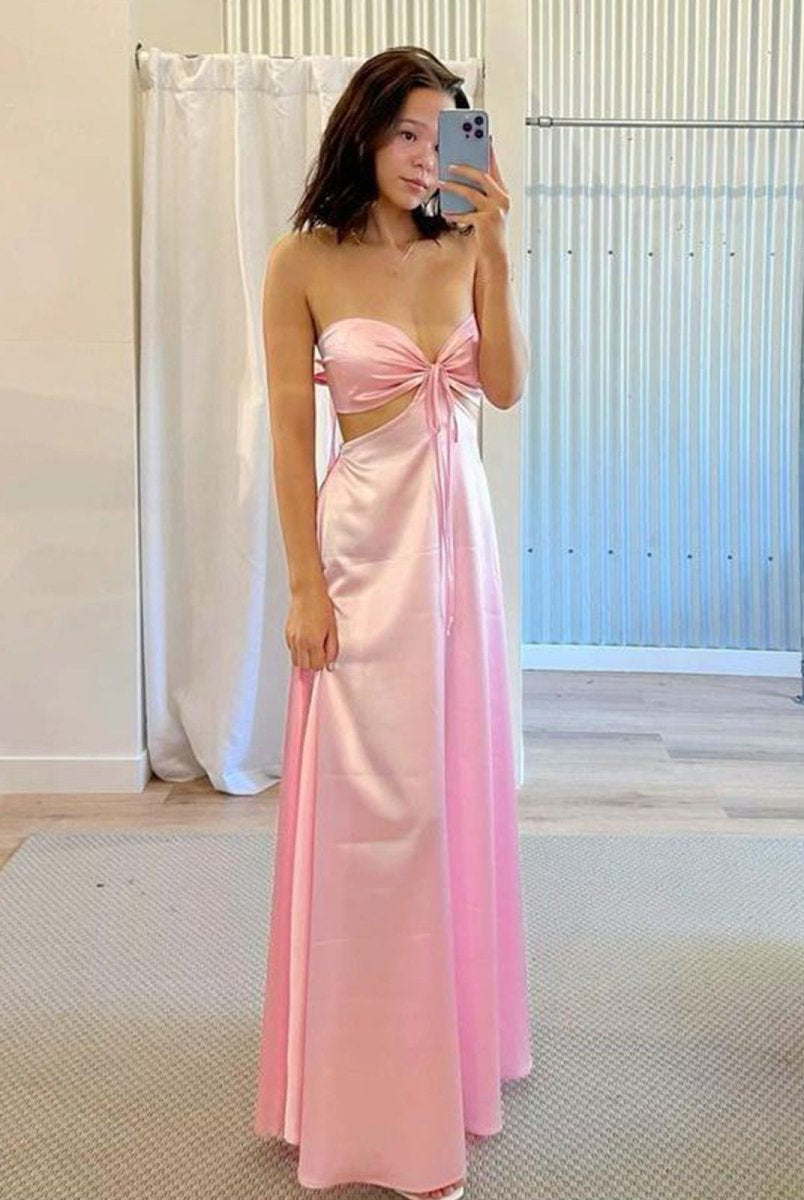 Nadine | PInk Strapless Back Tie Satin A - line Prom Dress - KissProm