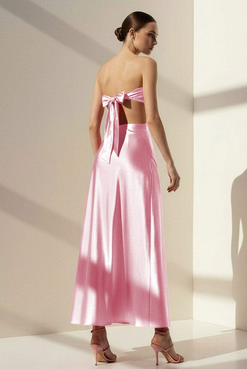 Nadine | PInk Strapless Back Tie Satin A - line Prom Dress - KissProm