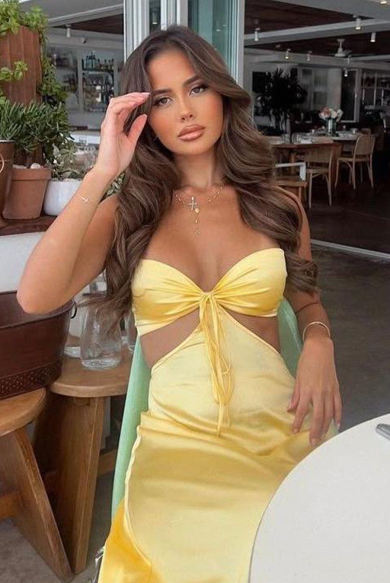 Nadine | Yellow Strapless Back Tie Satin A - line Prom Dress - KissProm