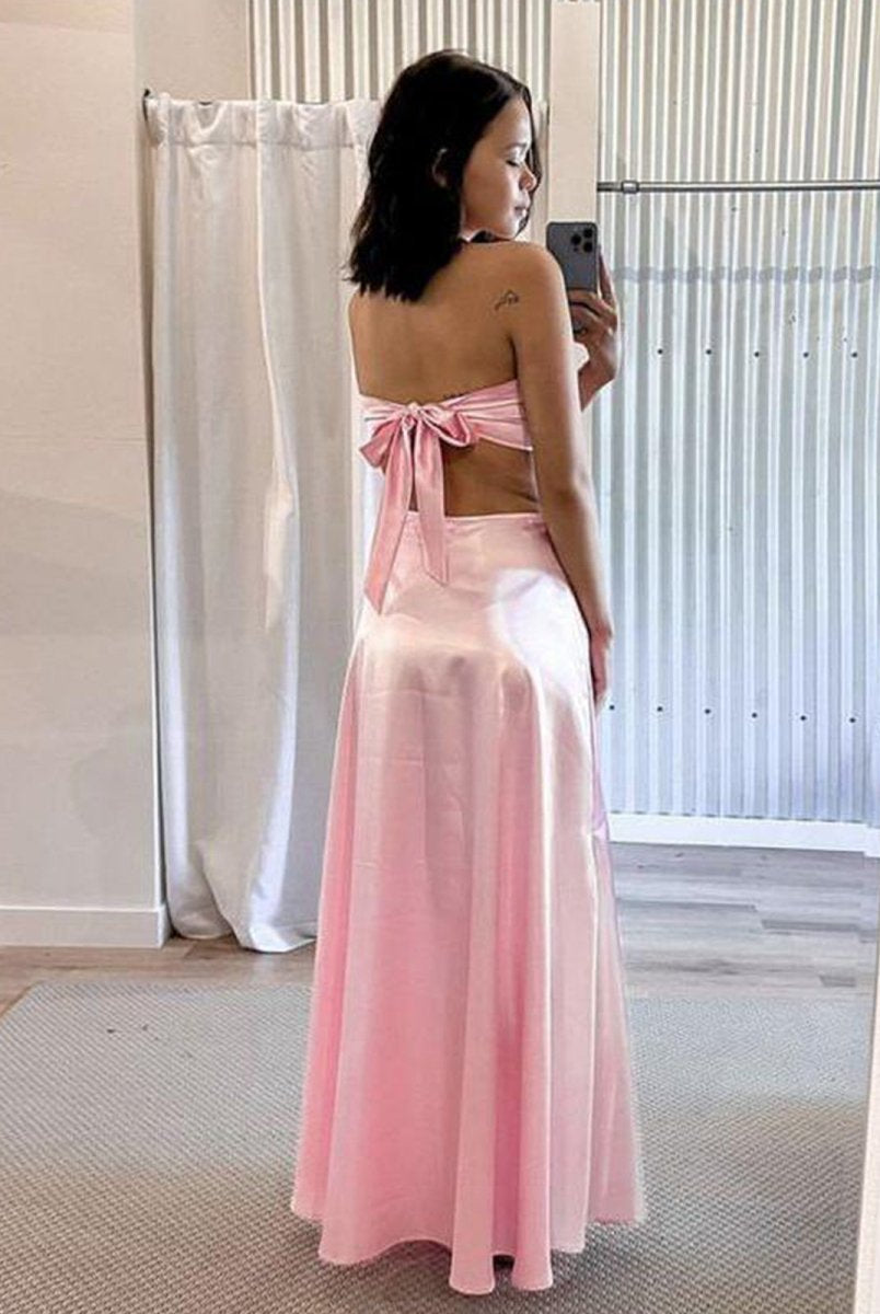 Nadine | PInk Strapless Back Tie Satin A - line Prom Dress - KissProm