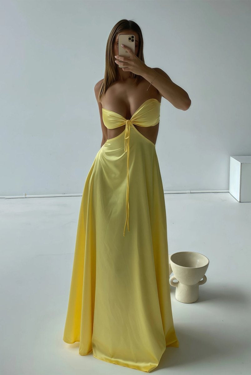 Nadine | Yellow Strapless Back Tie Satin A - line Prom Dress - KissProm
