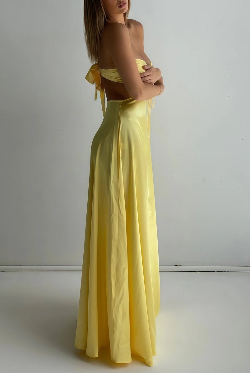 Nadine | Yellow Strapless Back Tie Satin A - line Prom Dress - KissProm