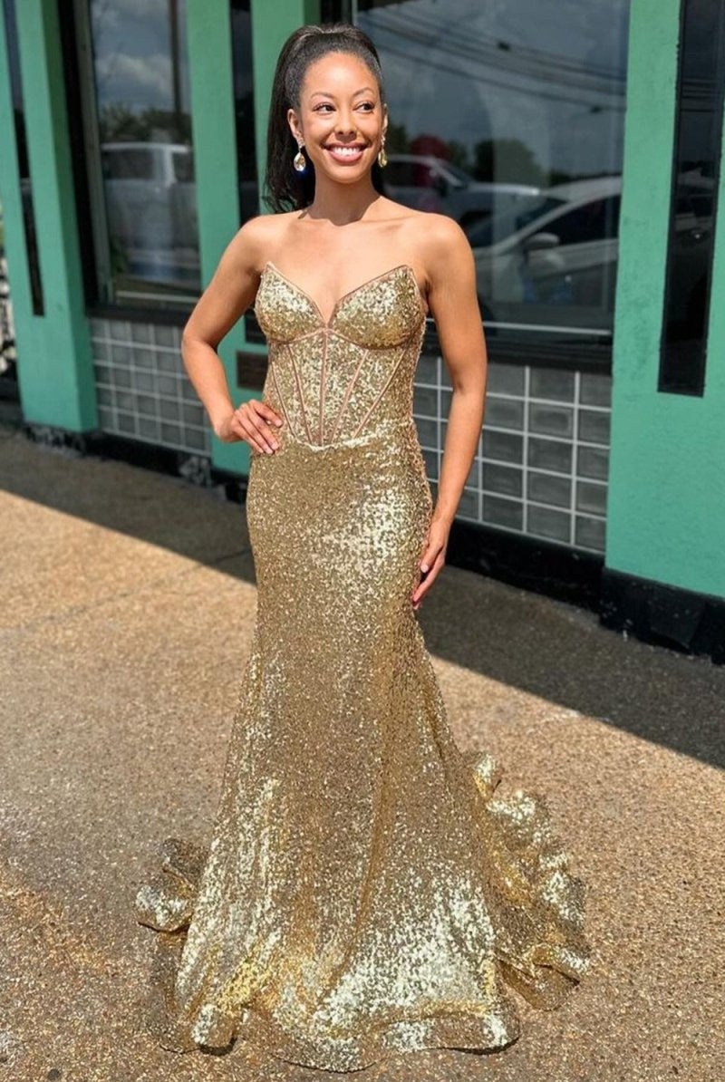 Nadir | Gold Strapless Mermaid Sequins Long Prom Dress - KissProm