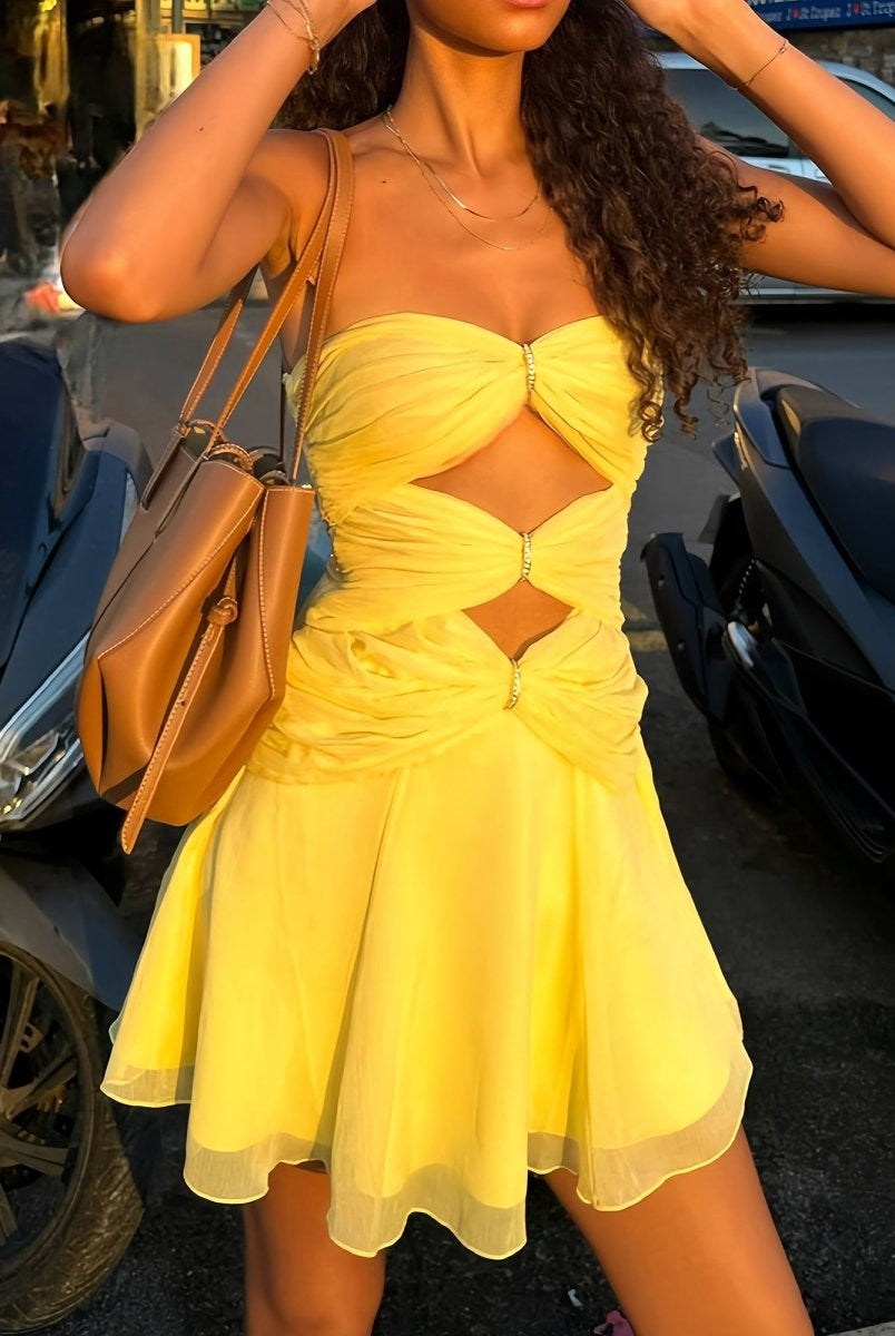 Naerys | Yellow - Strapless A Line Chiffon Cutout Short Homecoming Dresses With Beading