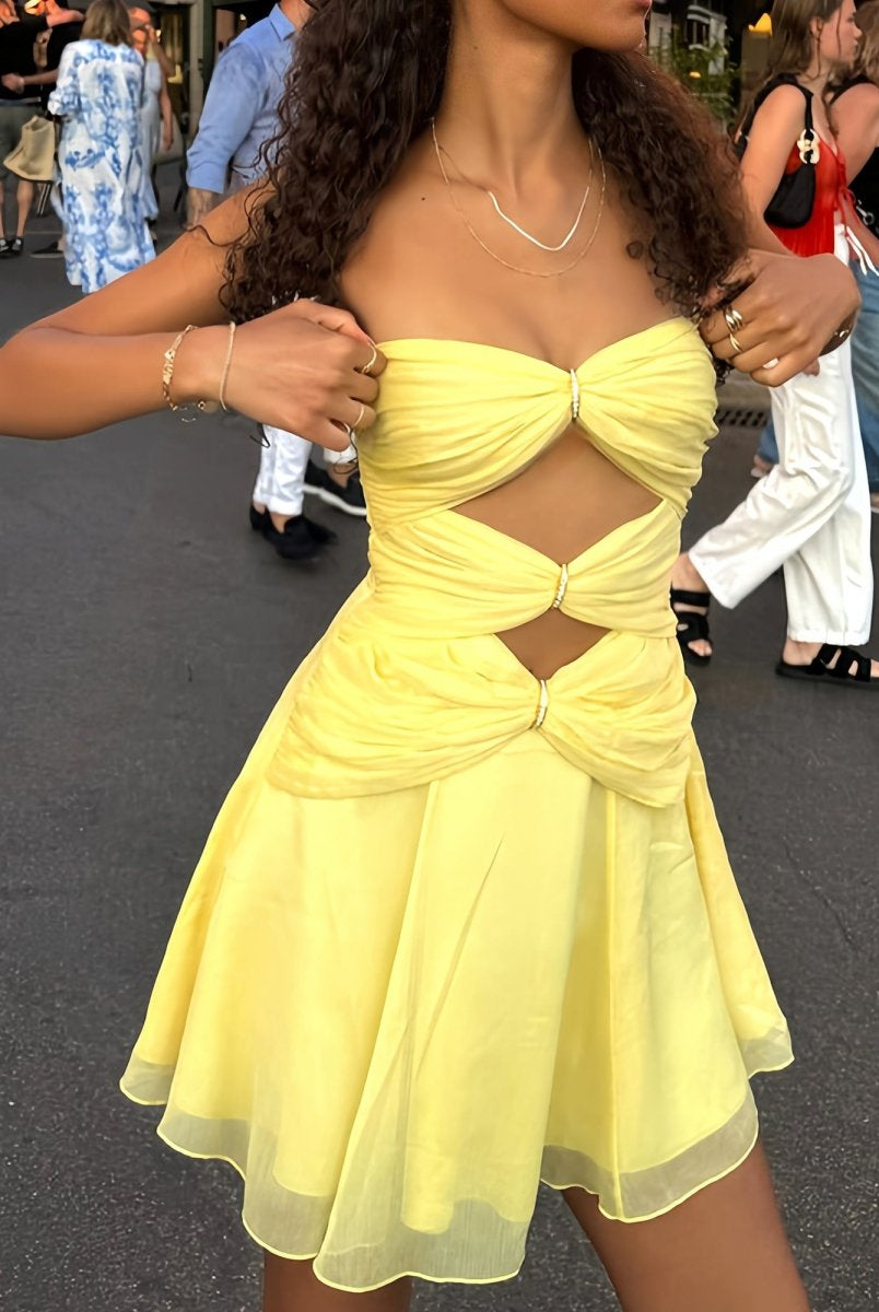 Naerys | Yellow - Strapless A Line Chiffon Cutout Short Homecoming Dresses With Beading