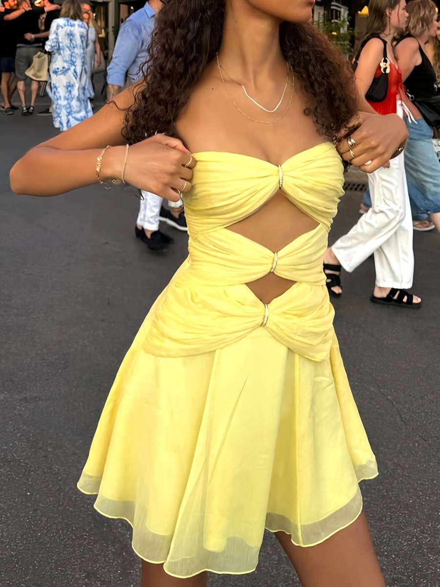 Naerys | Yellow - Strapless A Line Chiffon Cutout Short Homecoming Dresses With Beading