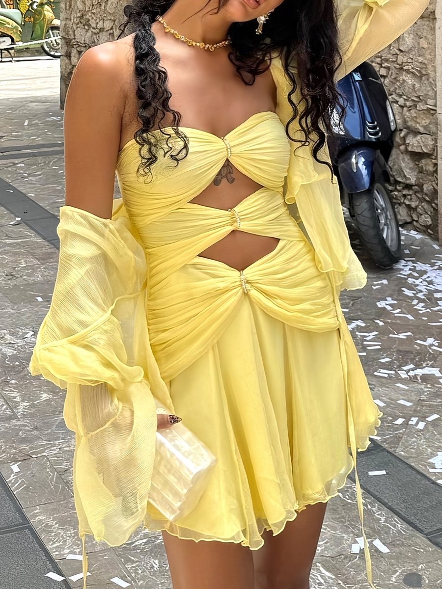Naerys | Yellow - Strapless A Line Chiffon Cutout Short Homecoming Dresses With Beading