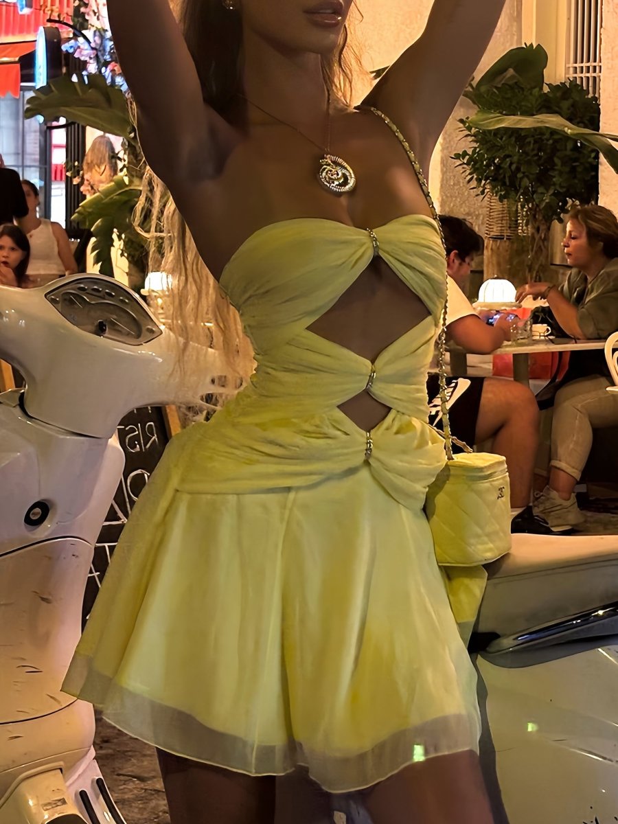 Naerys | Yellow - Strapless A Line Chiffon Cutout Short Homecoming Dresses With Beading
