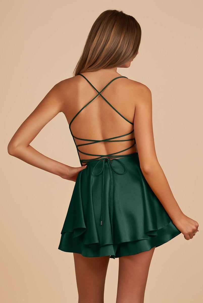 Naevira | Dark Green - A Line Cowl Neck Satin Short Homecoming Dresses - KissProm