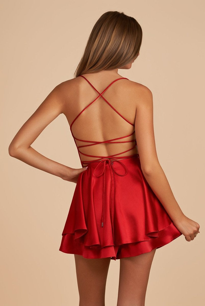 Naevira | Red - A Line Cowl Neck Satin Short Homecoming Dresses