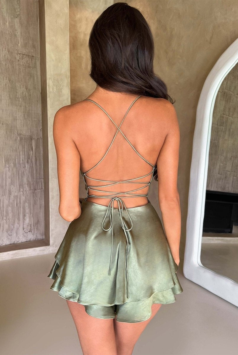 Naevira | Sage - A Line Cowl Neck Satin Short Homecoming Dresses