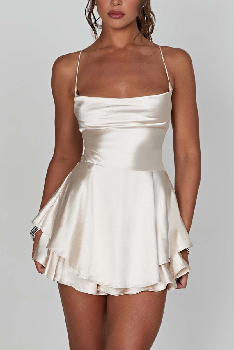 Naevira | White - A Line Cowl Neck Satin Short Homecoming Dresses
