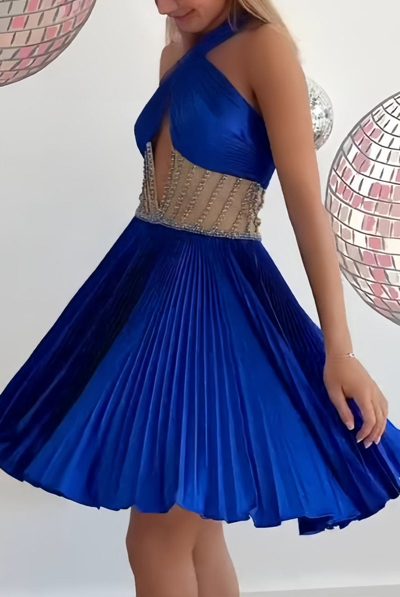 Naida | Royal Blue - A Line Halter Satin Pleasted Cut Out Homecoming Dresses