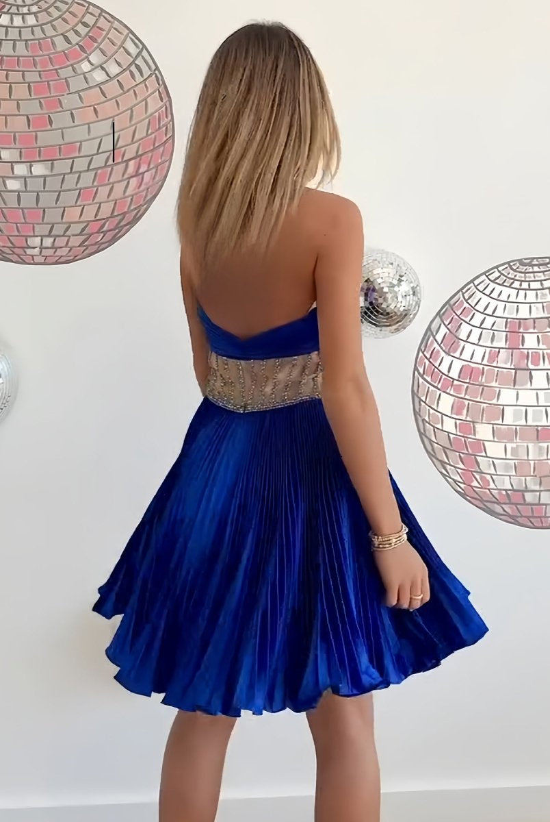 Naida | Royal Blue - A Line Halter Satin Pleasted Cut Out Homecoming Dresses