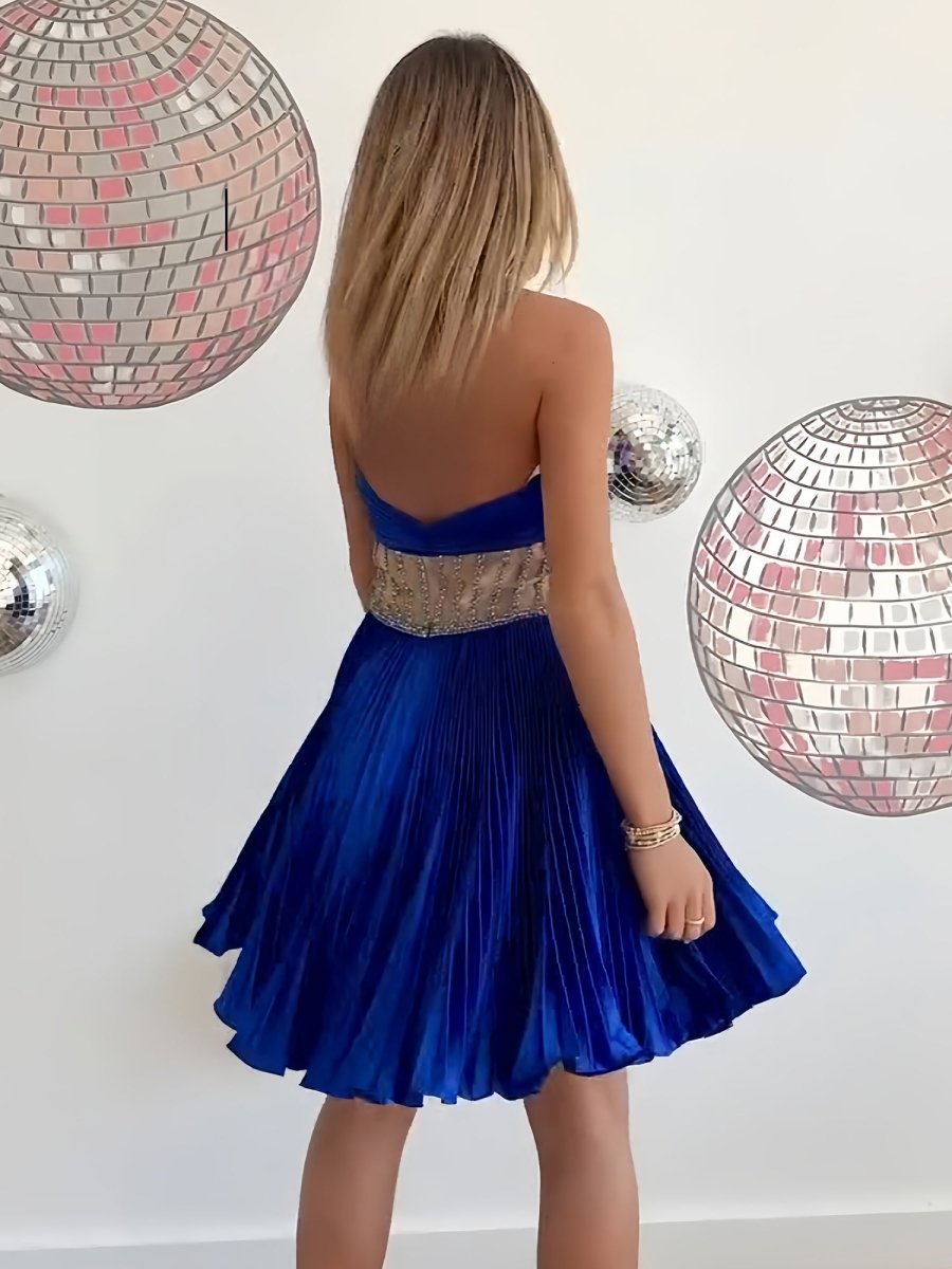 Naida | Royal Blue - A Line Halter Satin Pleasted Cut Out Homecoming Dresses