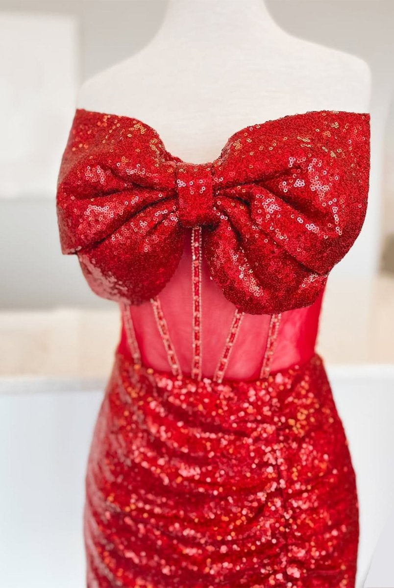 Nalie | Red - Bodycon Strapless Sequined Homecoming Dresses With Bow