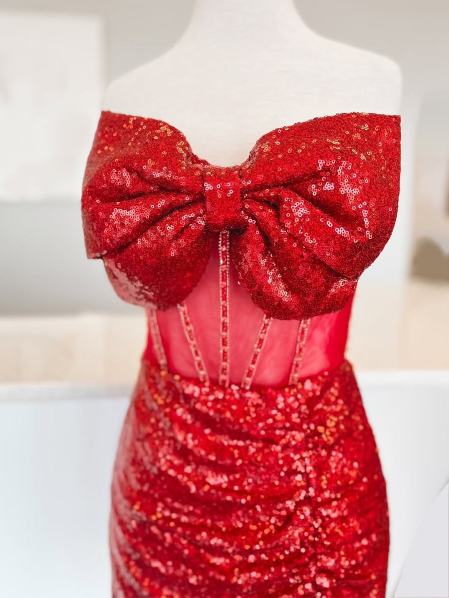 Nalie | Red - Bodycon Strapless Sequined Homecoming Dresses With Bow
