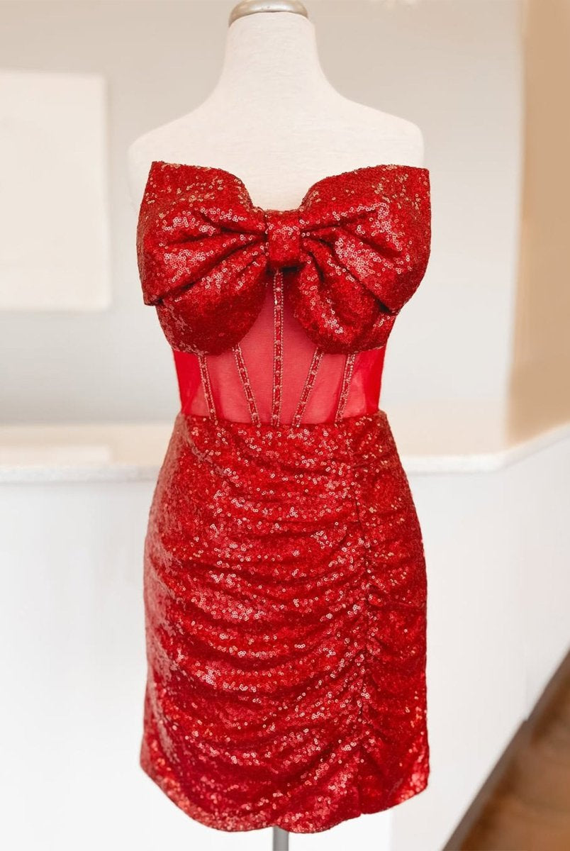 Nalie | Red - Bodycon Strapless Sequined Homecoming Dresses With Bow