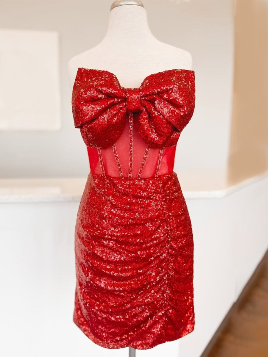 Nalie | Red - Bodycon Strapless Sequined Homecoming Dresses With Bow