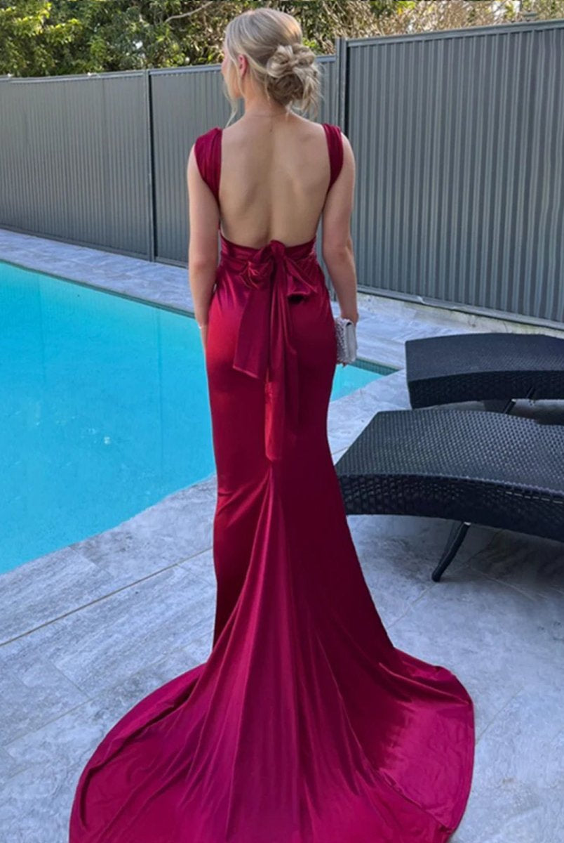 Nanala | Burgundy Mermaid Straps Satin Pleated Long Prom Dress with Train