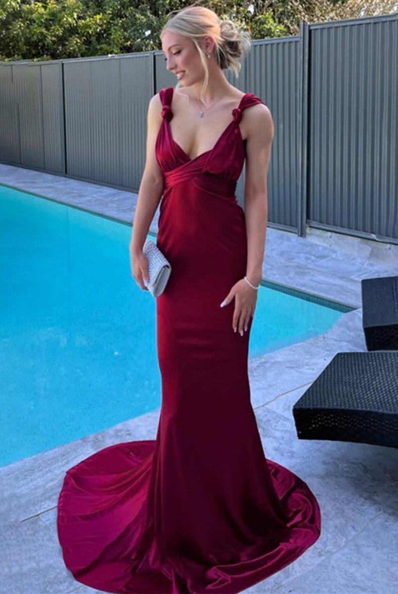 Nanala | Burgundy Mermaid Straps Satin Pleated Long Prom Dress with Train