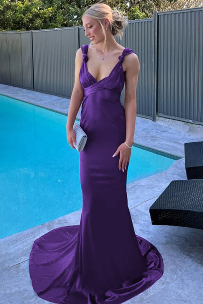 Nanala | Burgundy Mermaid Straps Satin Pleated Long Prom Dress with Train