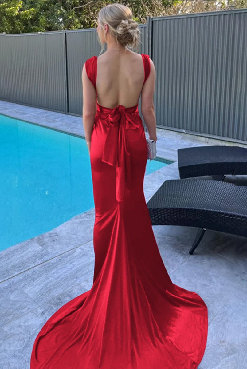 Nanala | Burgundy Mermaid Straps Satin Pleated Long Prom Dress with Train