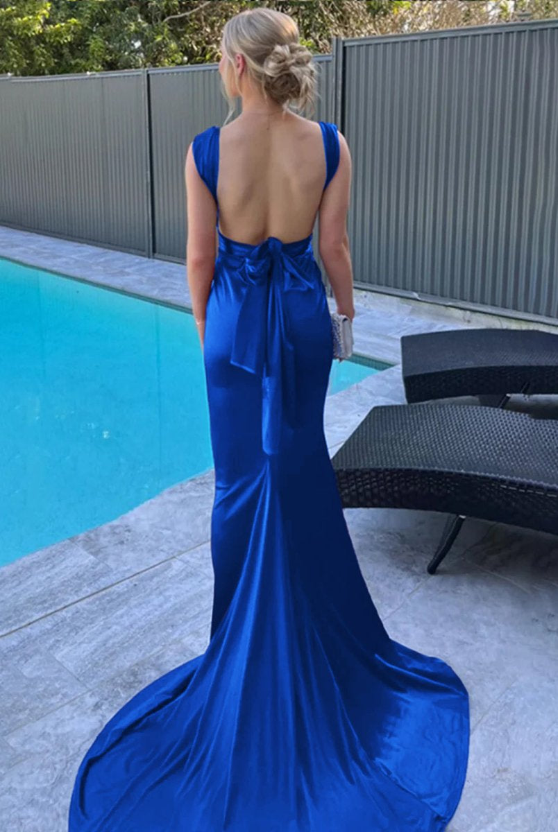 Nanala | Burgundy Mermaid Straps Satin Pleated Long Prom Dress with Train