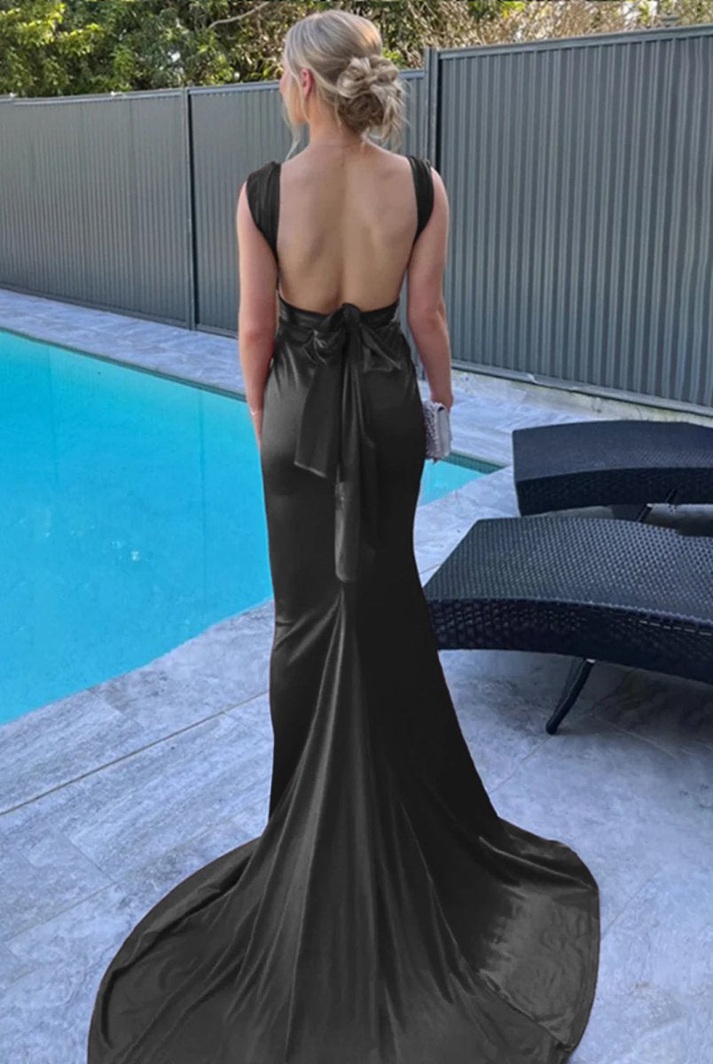 Nanala | Burgundy Mermaid Straps Satin Pleated Long Prom Dress with Train