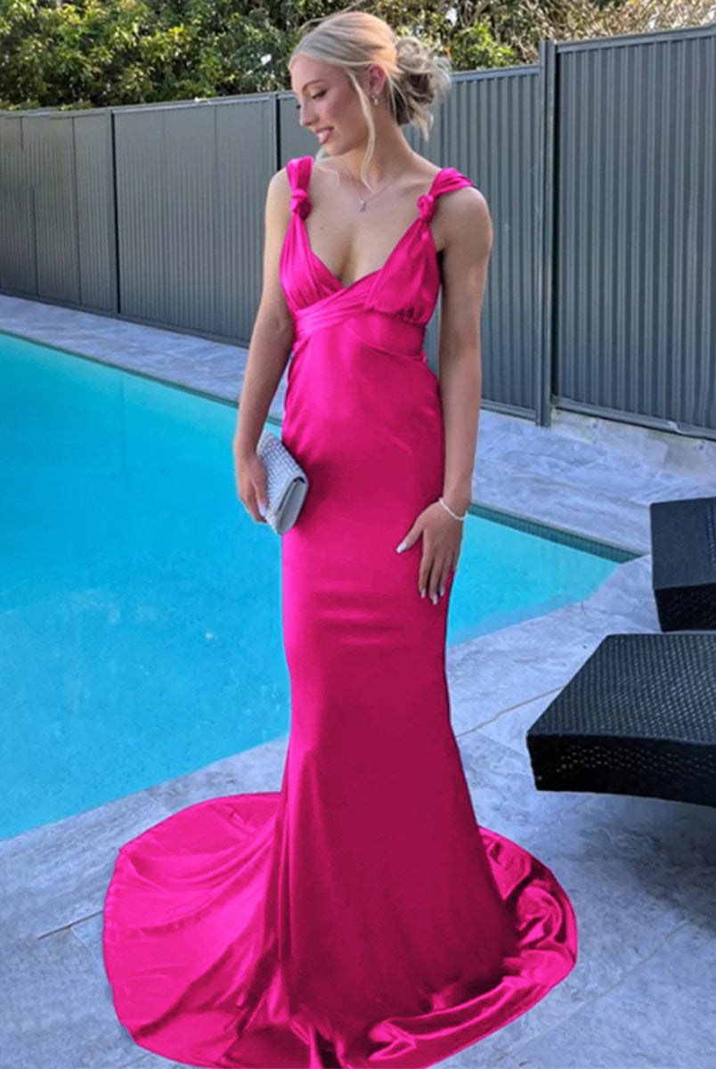 Nanala | Burgundy Mermaid Straps Satin Pleated Long Prom Dress with Train