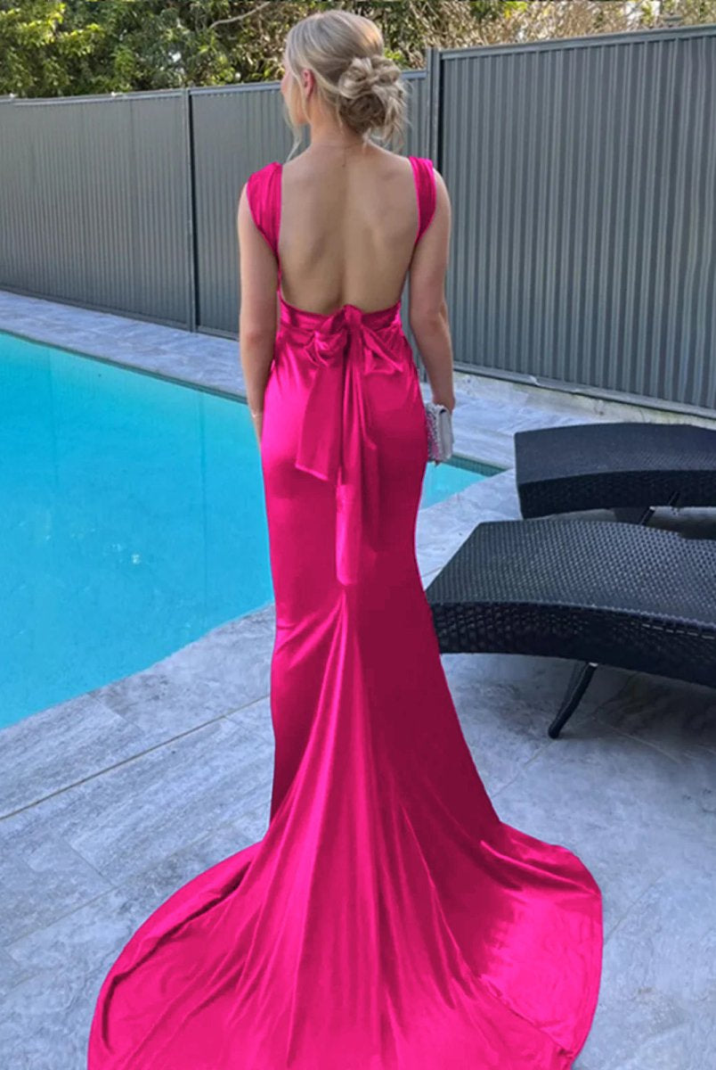 Nanala | Burgundy Mermaid Straps Satin Pleated Long Prom Dress with Train