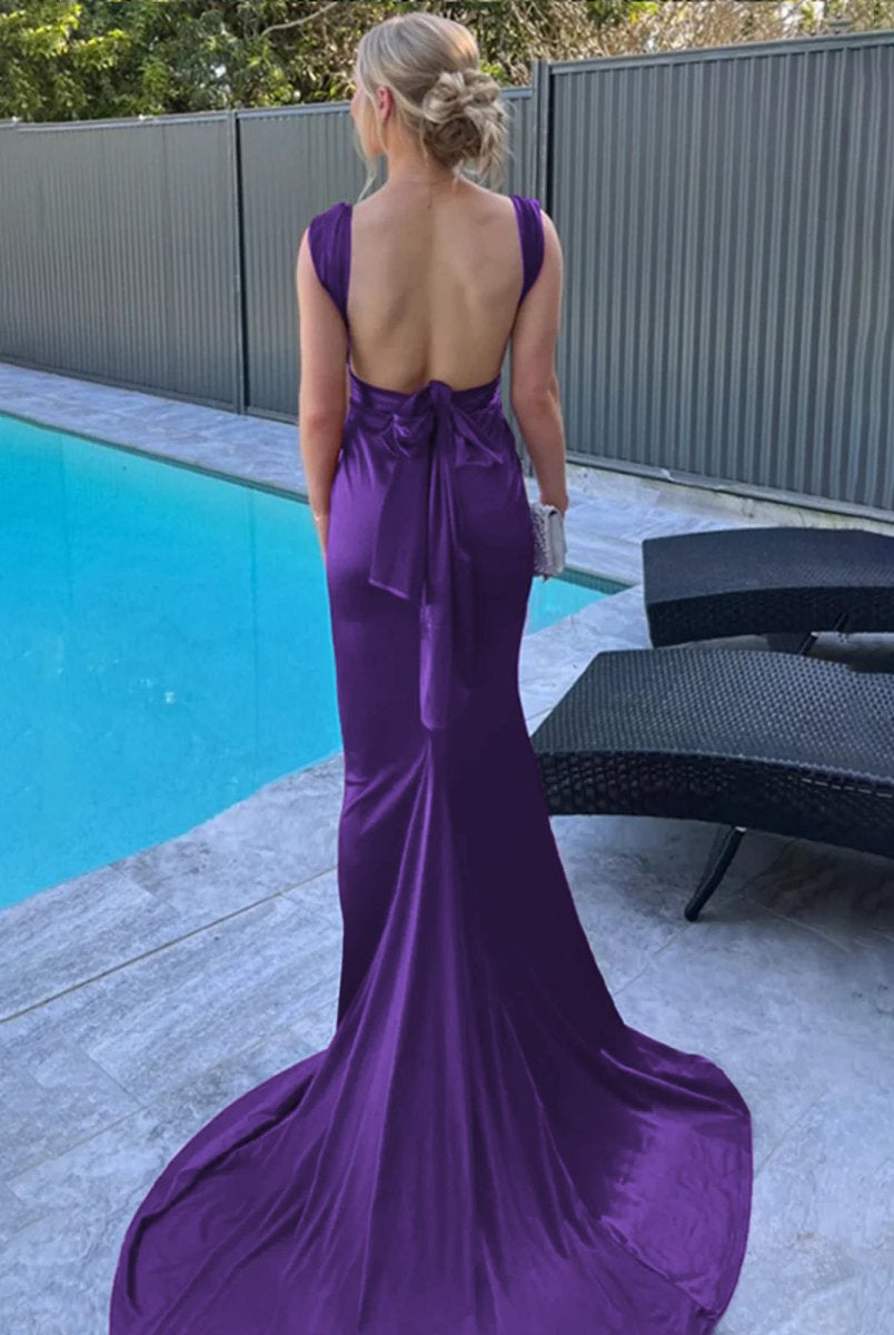 Nanala | Burgundy Mermaid Straps Satin Pleated Long Prom Dress with Train