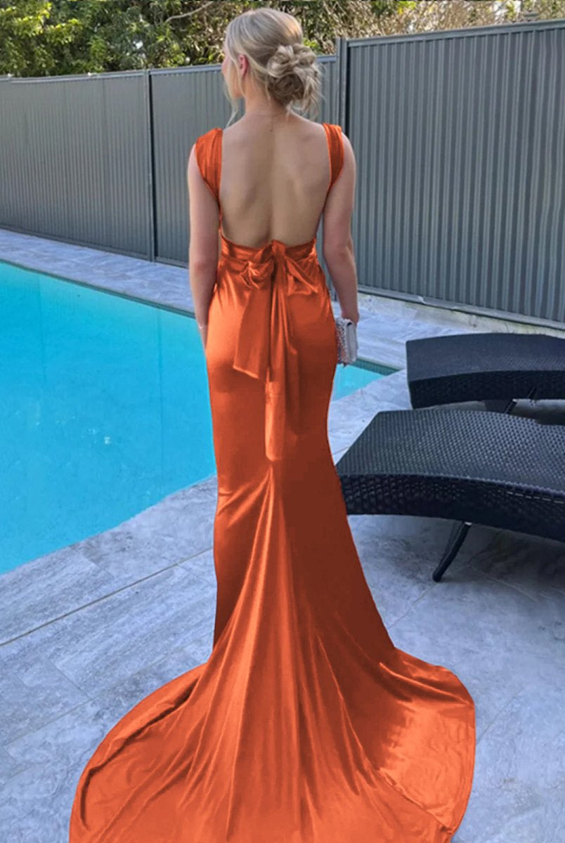 Nanala | Burgundy Mermaid Straps Satin Pleated Long Prom Dress with Train