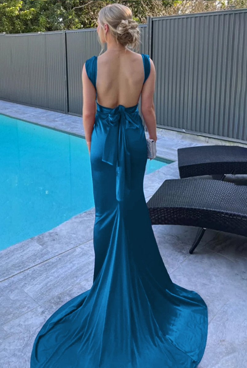 Nanala | Burgundy Mermaid Straps Satin Pleated Long Prom Dress with Train