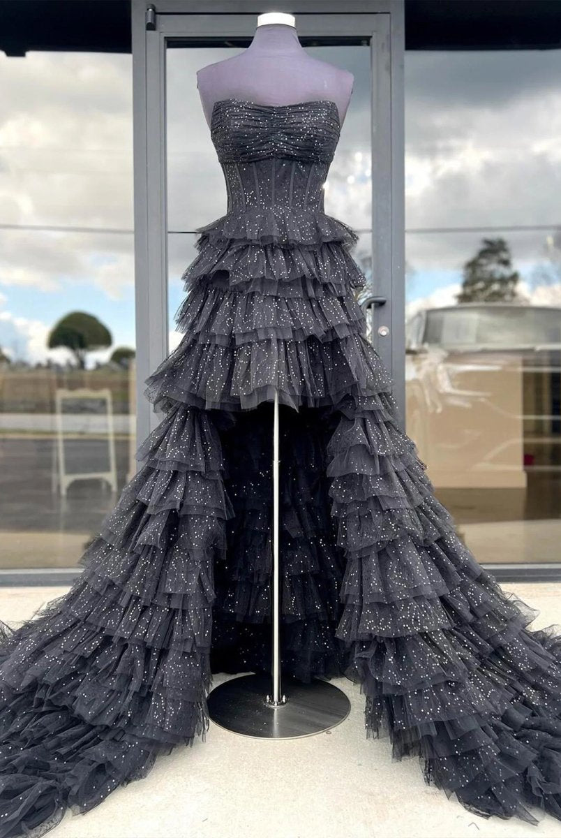 Nanette | Black Strapless High Low Ruffles Tulle Prom Dress