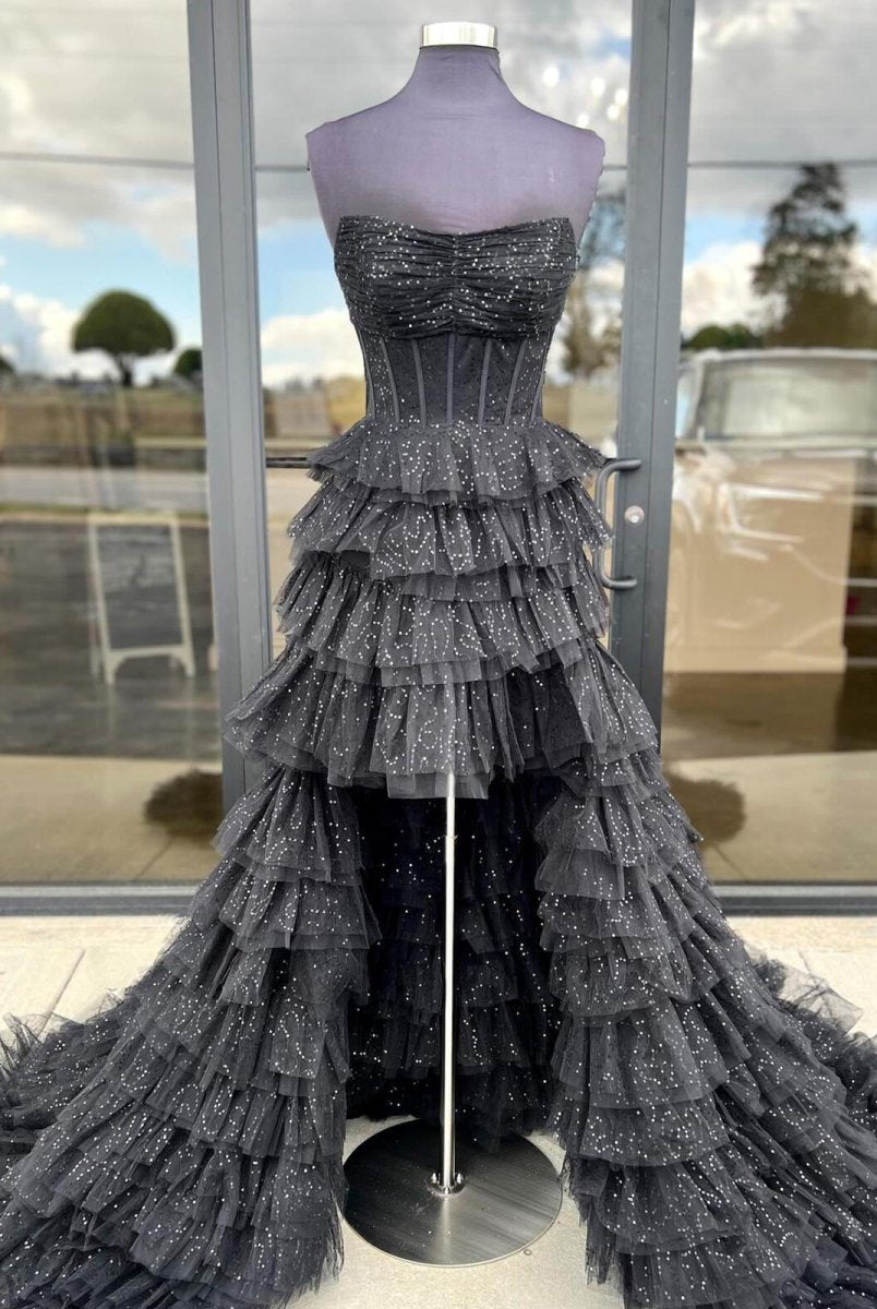 Nanette | Black Strapless High Low Ruffles Tulle Prom Dress