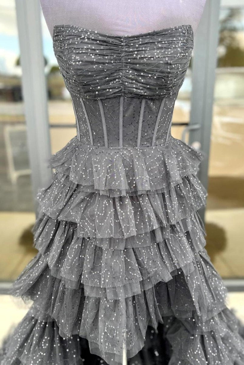 Nanette | Black Strapless High Low Ruffles Tulle Prom Dress