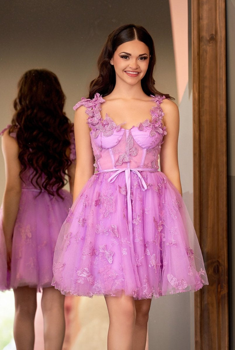 Natalie | A Line Short Tulle Lilac Homecoming Dress with 3D Butterflies