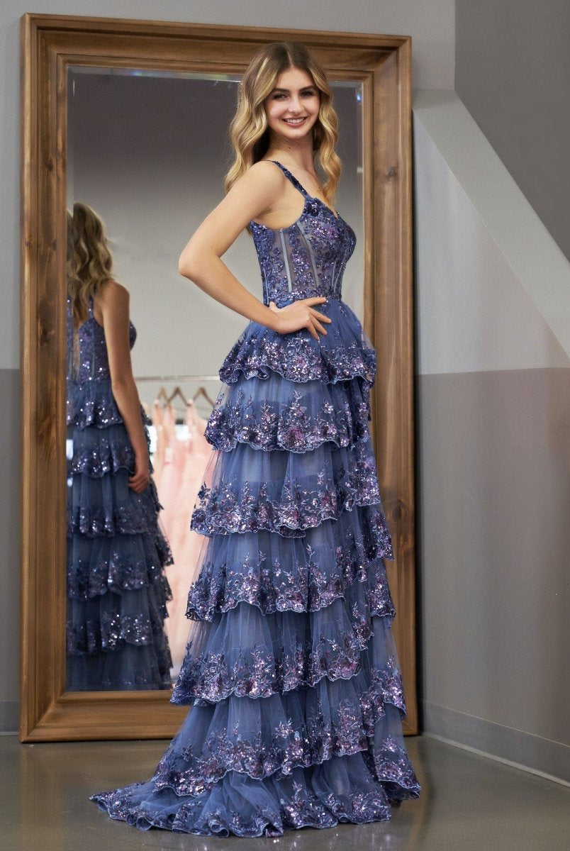 Grey Blue Princess A Line Off the Shoulder Corset Prom Dress with Lace Ruffles - KissProm